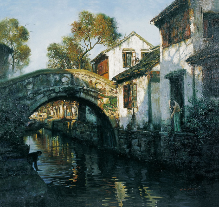罗贯中油画江南水乡,江南水乡风景画秋色