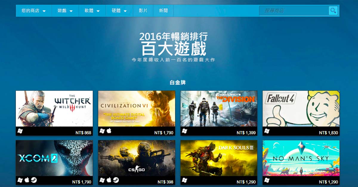 文本直送科技新闻：Steam的2016年度大作Top100排行榜，你买了几个？