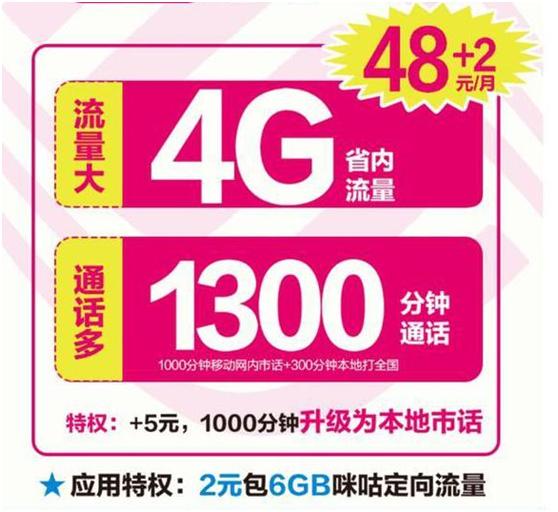中国移动新天王卡：月费50元10G大流量+1300分钟通话