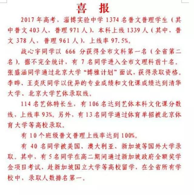 淄博实验中学本科上线率97.5%，淄博其他中学亦报喜讯！（附省内外各大高校预估录取线）