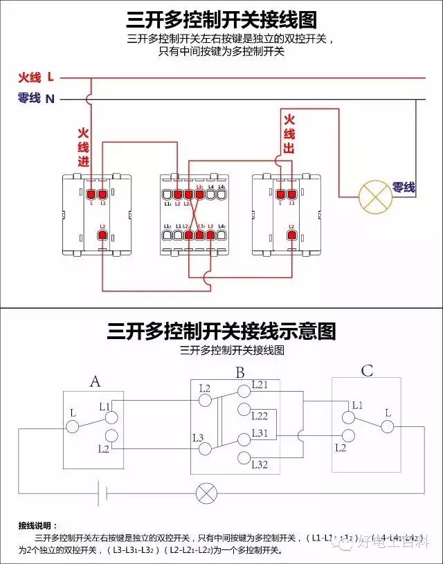 三开一个双控两个单控接线视频,电工单开三控开关接线图