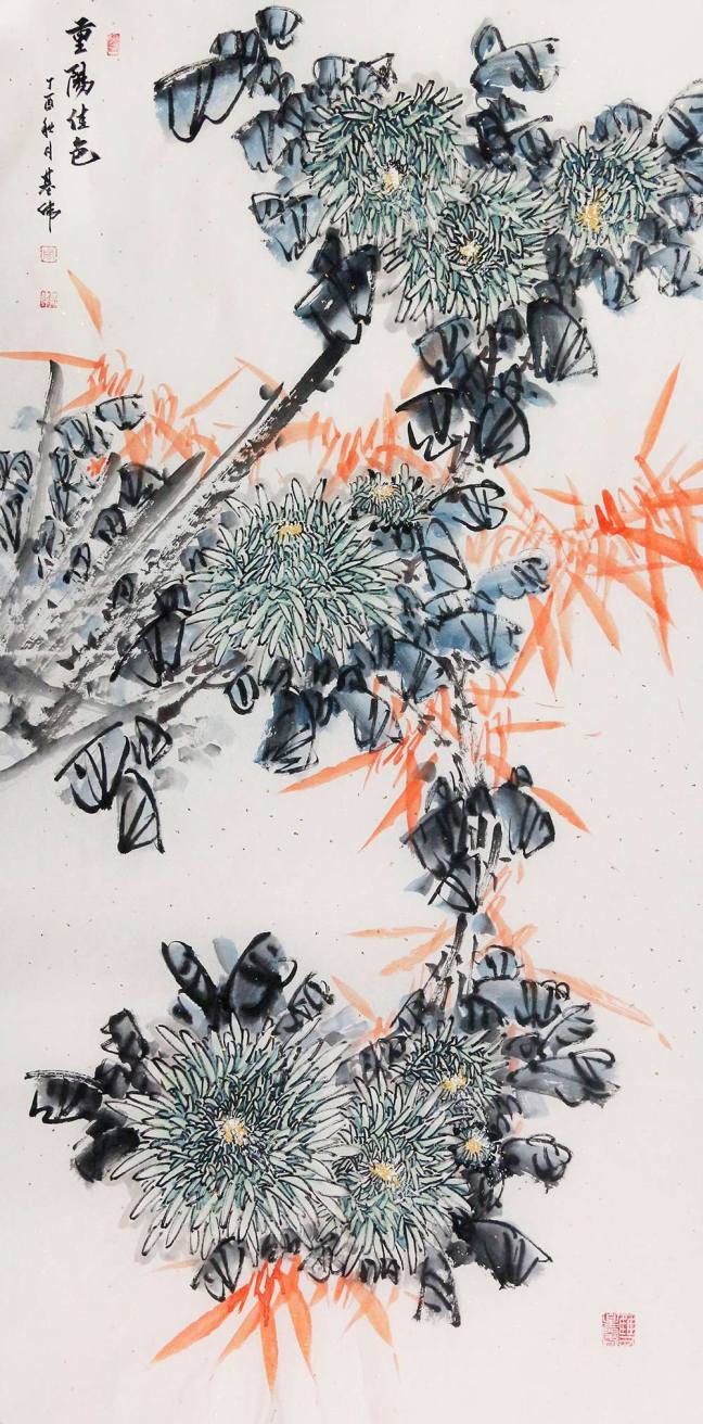 朴喆国画菊花作品欣赏,菊花罐子写意国画欣赏