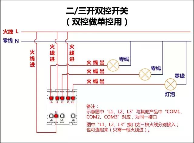 三开接2个双控1个单控接线方法,一灯二控开关接线图电工初级