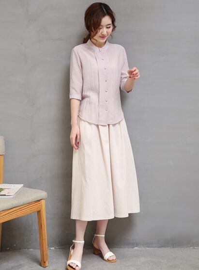 散发强大女神气场，让人过目不忘的棉麻立领中长裙套装