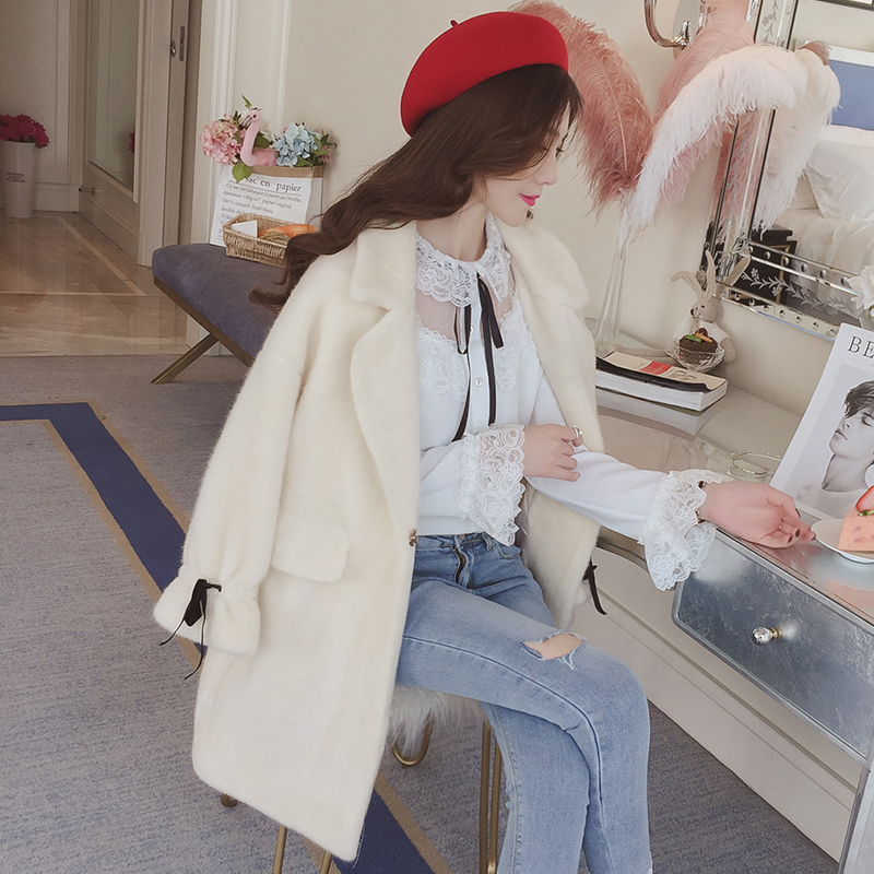 水貂绒西装领外套女中长款,灯笼袖水貂绒开衫外套中长款带帽