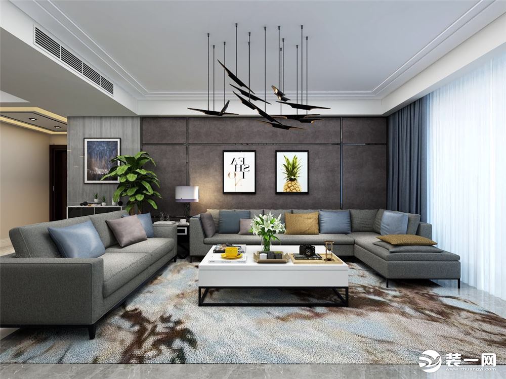 客厅背景墙设计帅气爆棚，青岛鲁润静园146㎡，现代硬包预算10万