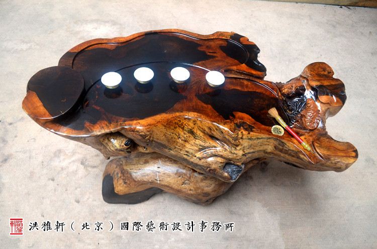 鸡翅木根雕茶台翻新完工,实木树根雕茶几