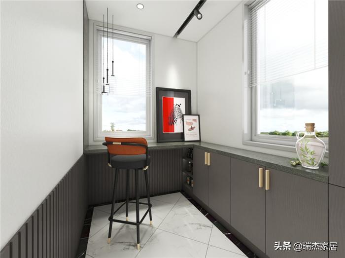 木饰面格栅轻奢风格装修效果图,黑白对比色彩构成简单图片