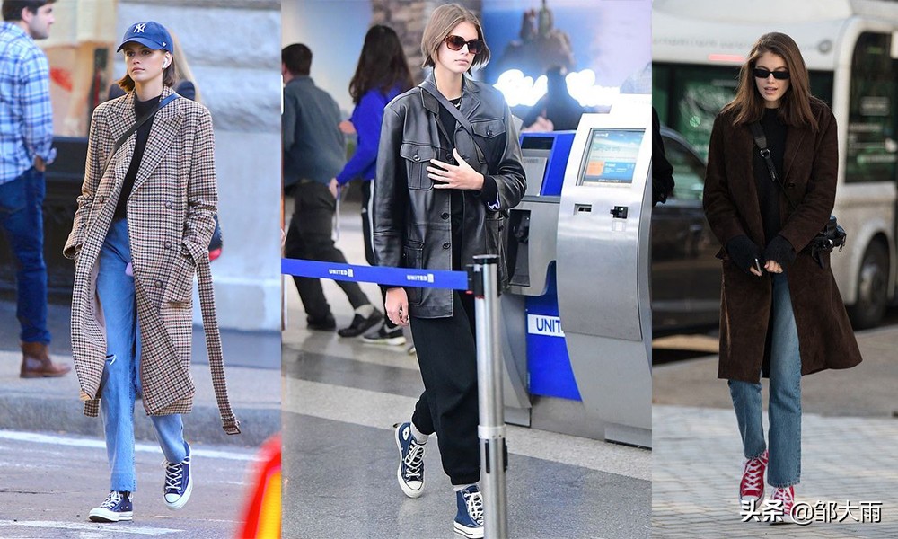 kaia匡威鞋街拍,黑色匡威黑色裤子穿搭