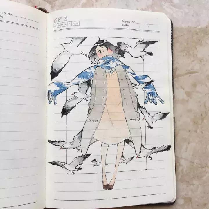 日本小姐姐画画素描,日本小姐姐一组插画