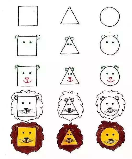 几何简笔画：圆圆方方画动物，中间三角来凑数，幼儿园这创意不错