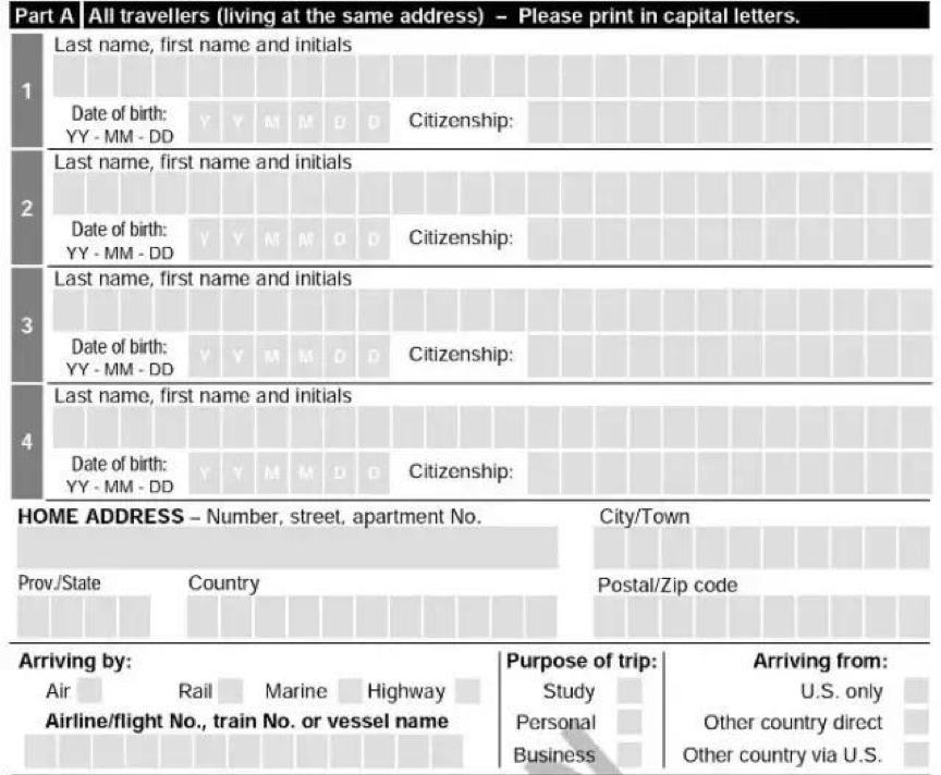 加拿大入境卡写法,通过转机到加拿大入境卡怎么填