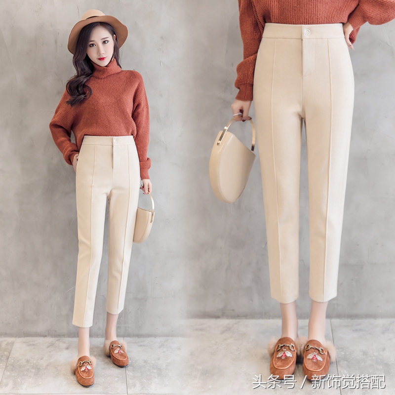 杏色显瘦哈伦毛呢裤穿搭,早秋西装哈伦裤显瘦气质款