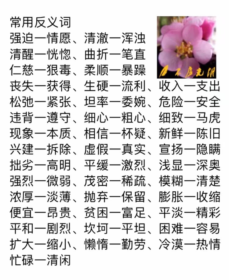 近义词反义词语文知识汇总,近义词反义词大全四个字