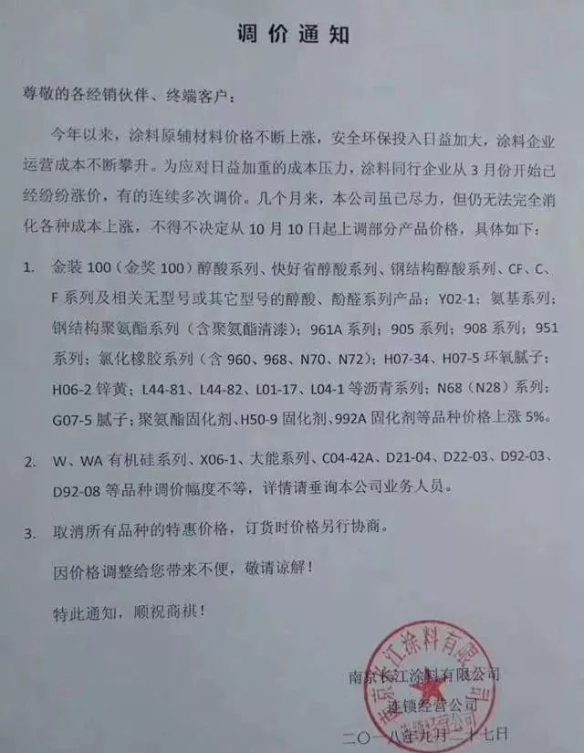 涂料材料价格为何涨了,最新涂料涨价公司