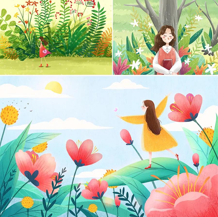 春天题材的儿童画人物图,儿童画卡通人物可爱简单