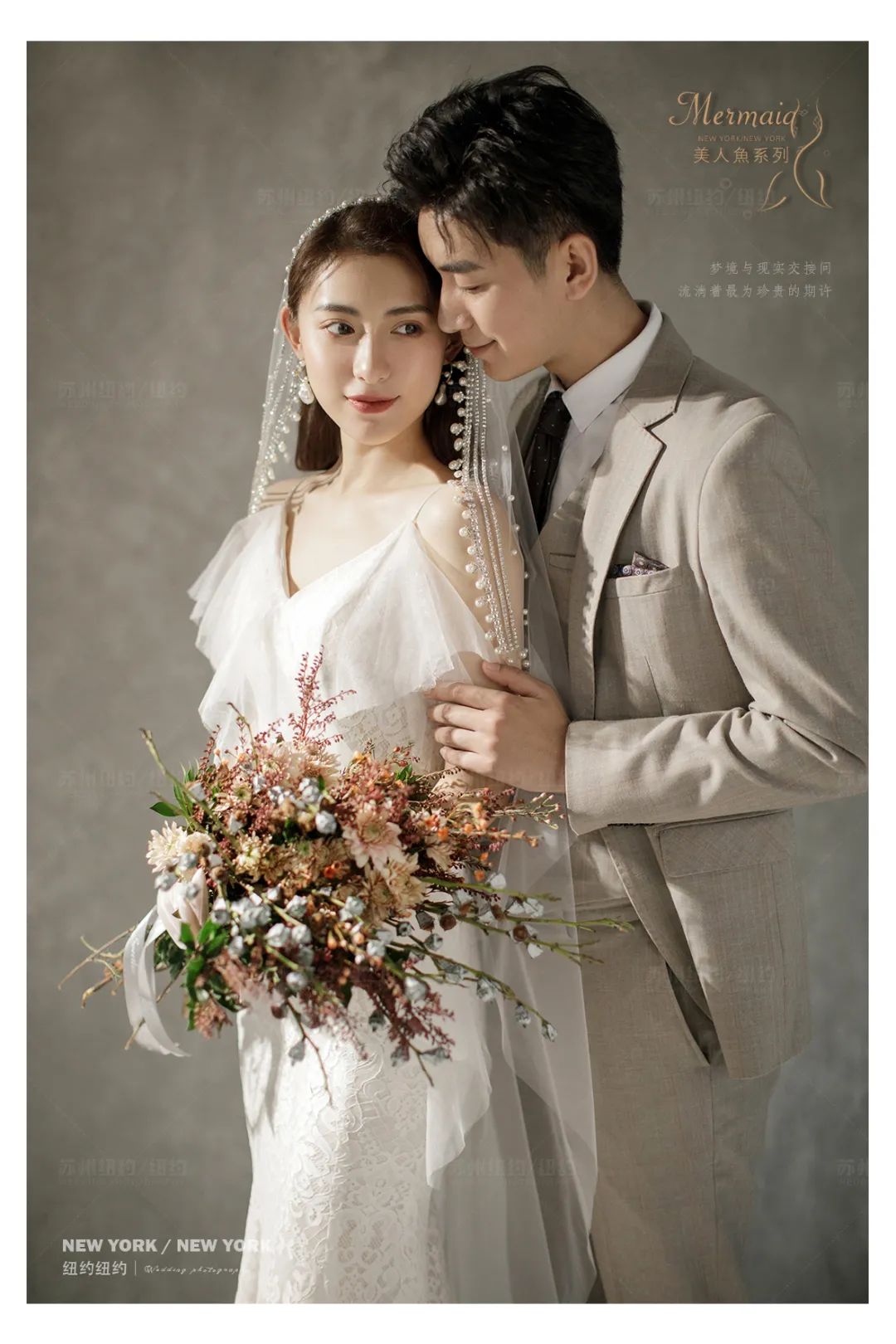 白色蝴蝶结油画婚纱照,森系油画风格婚纱照不戴帽子戴花