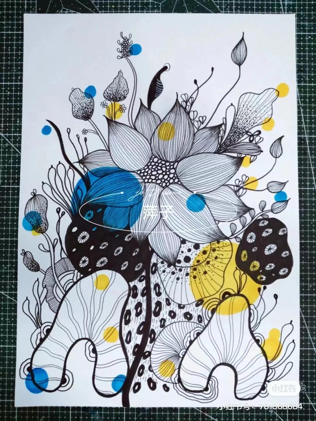 花卉简单线描创意画,花草线描画装饰