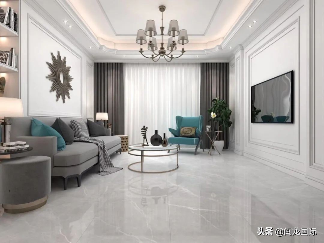 轻奢风格客厅用深色地砖效果图,现代轻奢装修风格地砖选什么颜色
