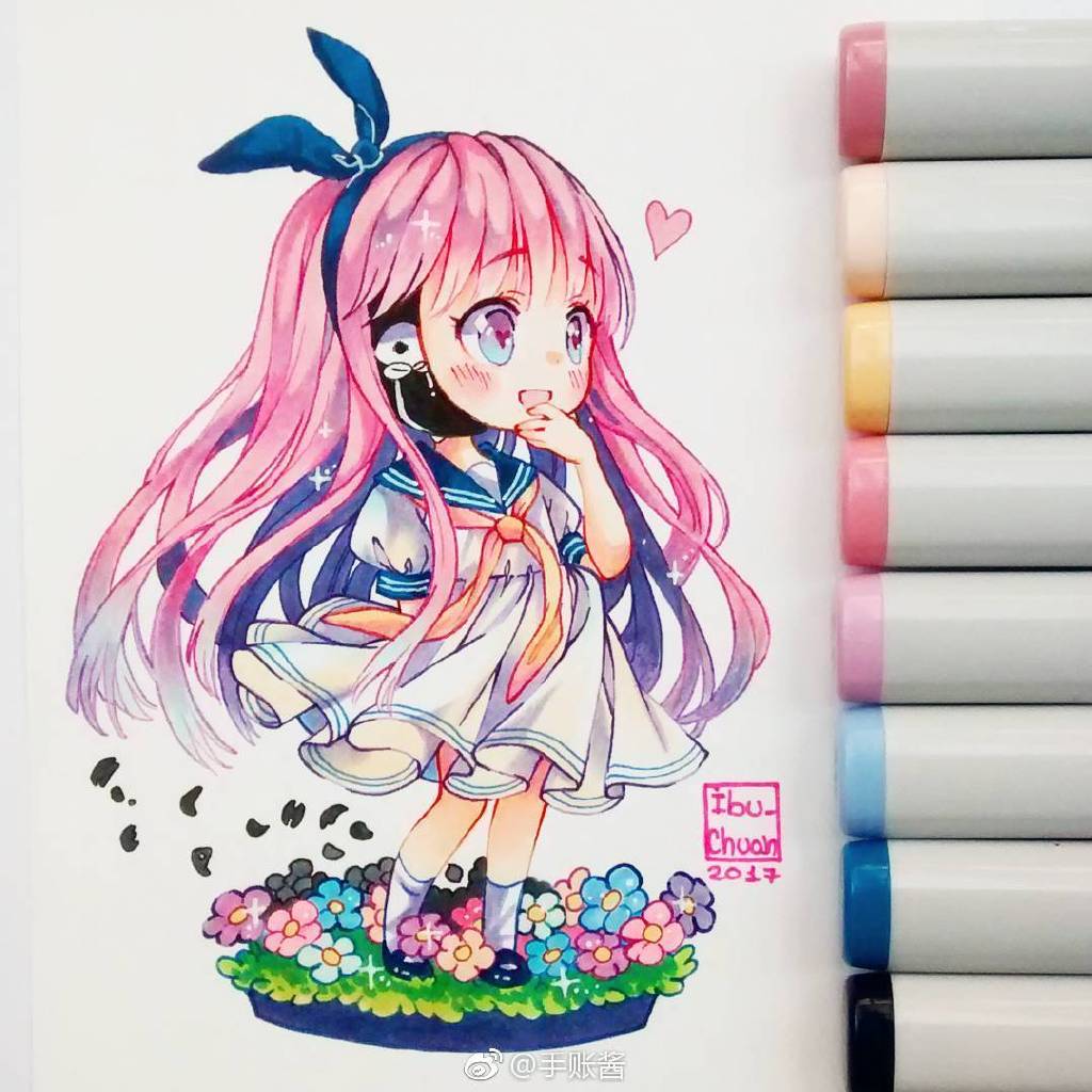 用马克笔画动漫女孩,60色马克笔画动漫