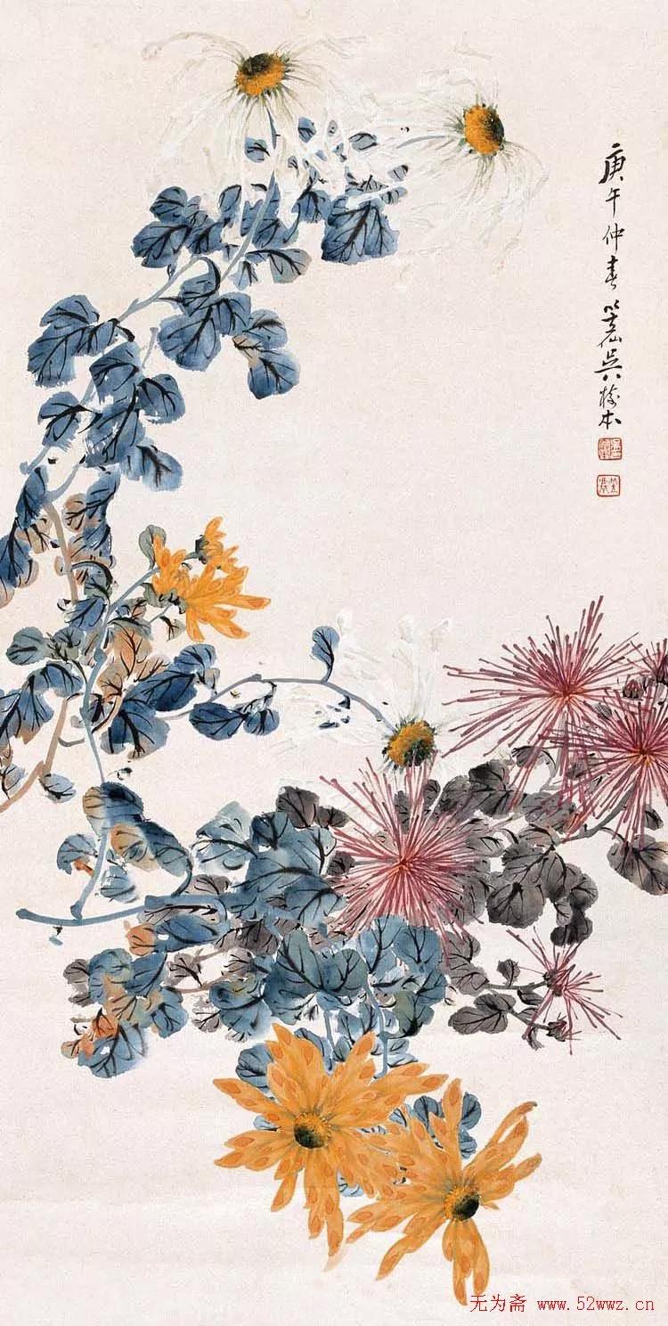 国画写意菊花精品100幅,吴昌硕的写意菊花高雅古朴之大美