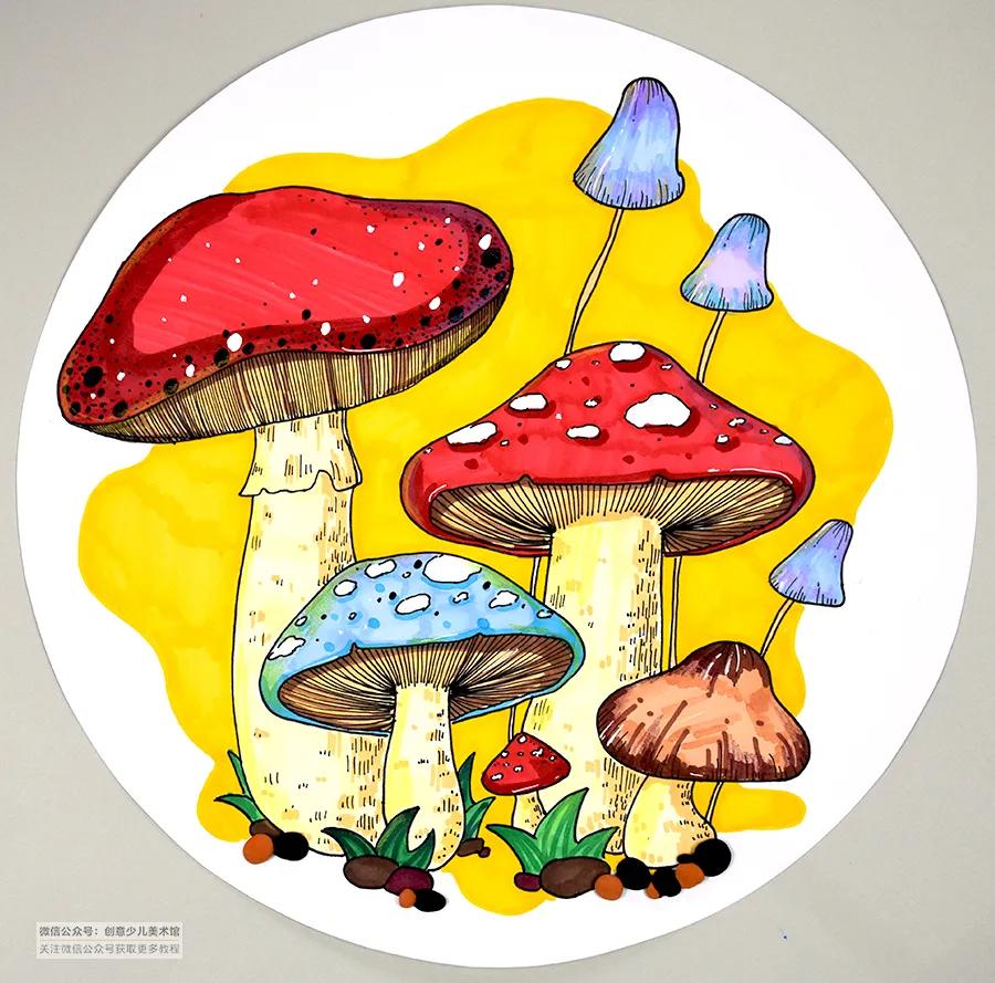 儿童画画教学简单3-5岁水彩笔蘑菇,小蘑菇水彩笔