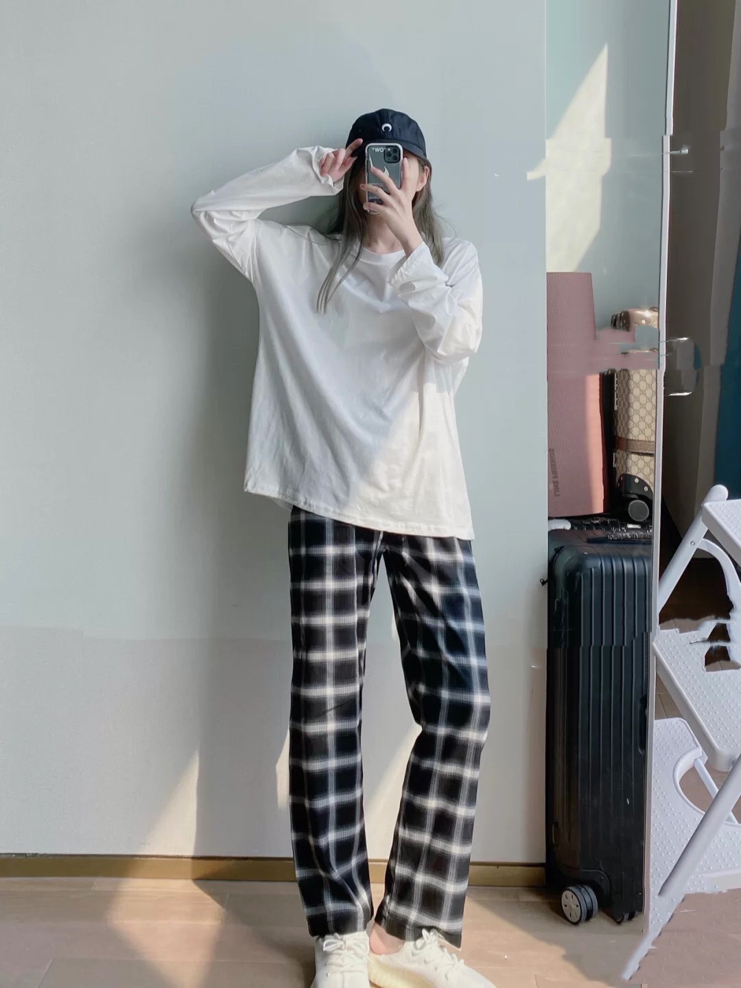 最近很火的格子裤夏天,宽松裤子慵懒风高级感格子裤