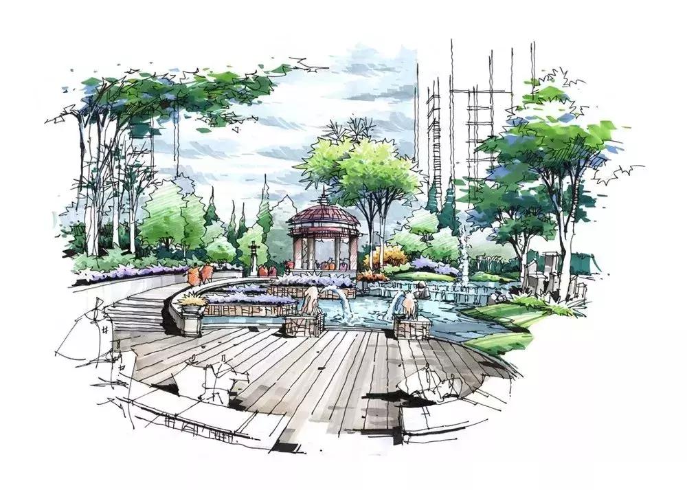 手绘效果图设计详解,干货五幅景观手绘效果图步骤图解
