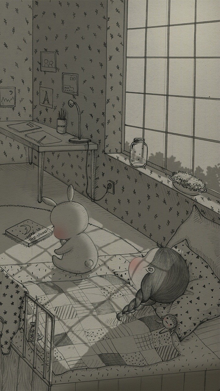 少女与兔子插画,兔子手绘创意插画