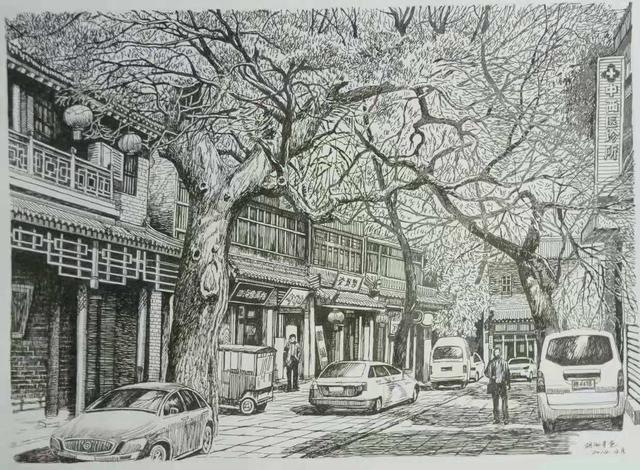 西安书院门手绘明信片,西安手绘古城