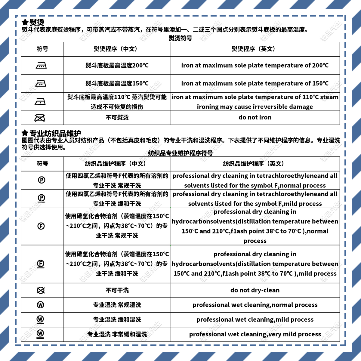 衣物洗涤注意事项标志,服装水洗专用英文对照表