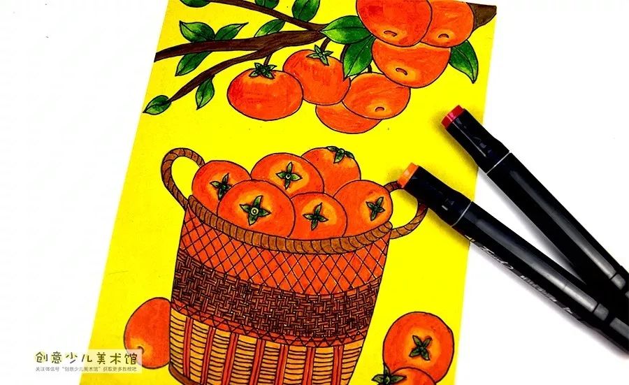 儿童水墨画篮子里的柿子,儿童绘画一篮子柿子作品