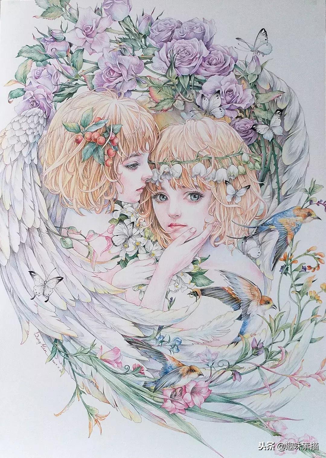 超精细彩铅人像素描,简单又漂亮的彩铅插画