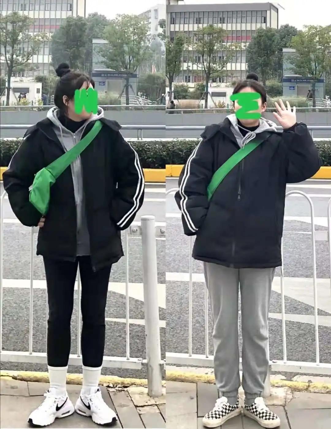 藏蓝色短款羽绒服搭配下装,短款收腰羽绒服适合配的下装