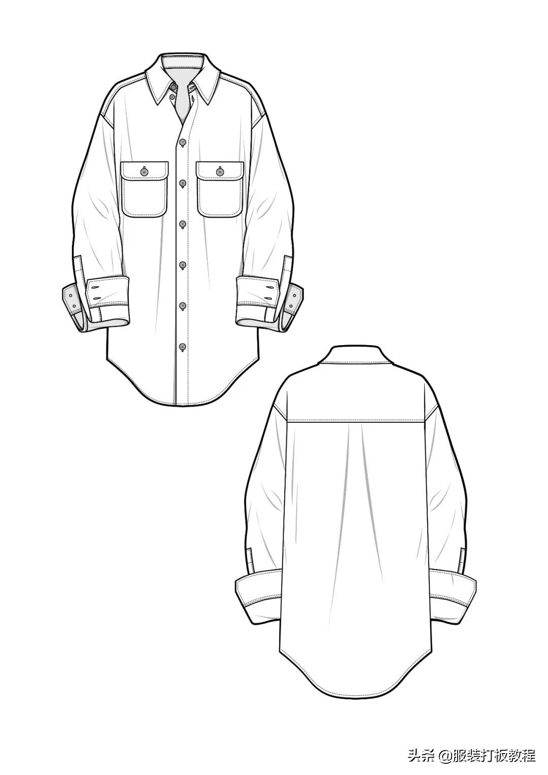 长袖衬衫裁剪教程来了,简单衬衫制版图