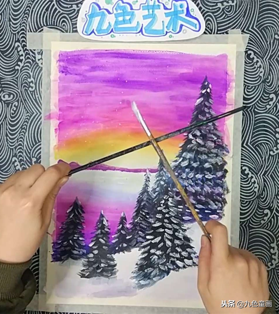 少儿儿童画教程，雪地松树少儿水粉画