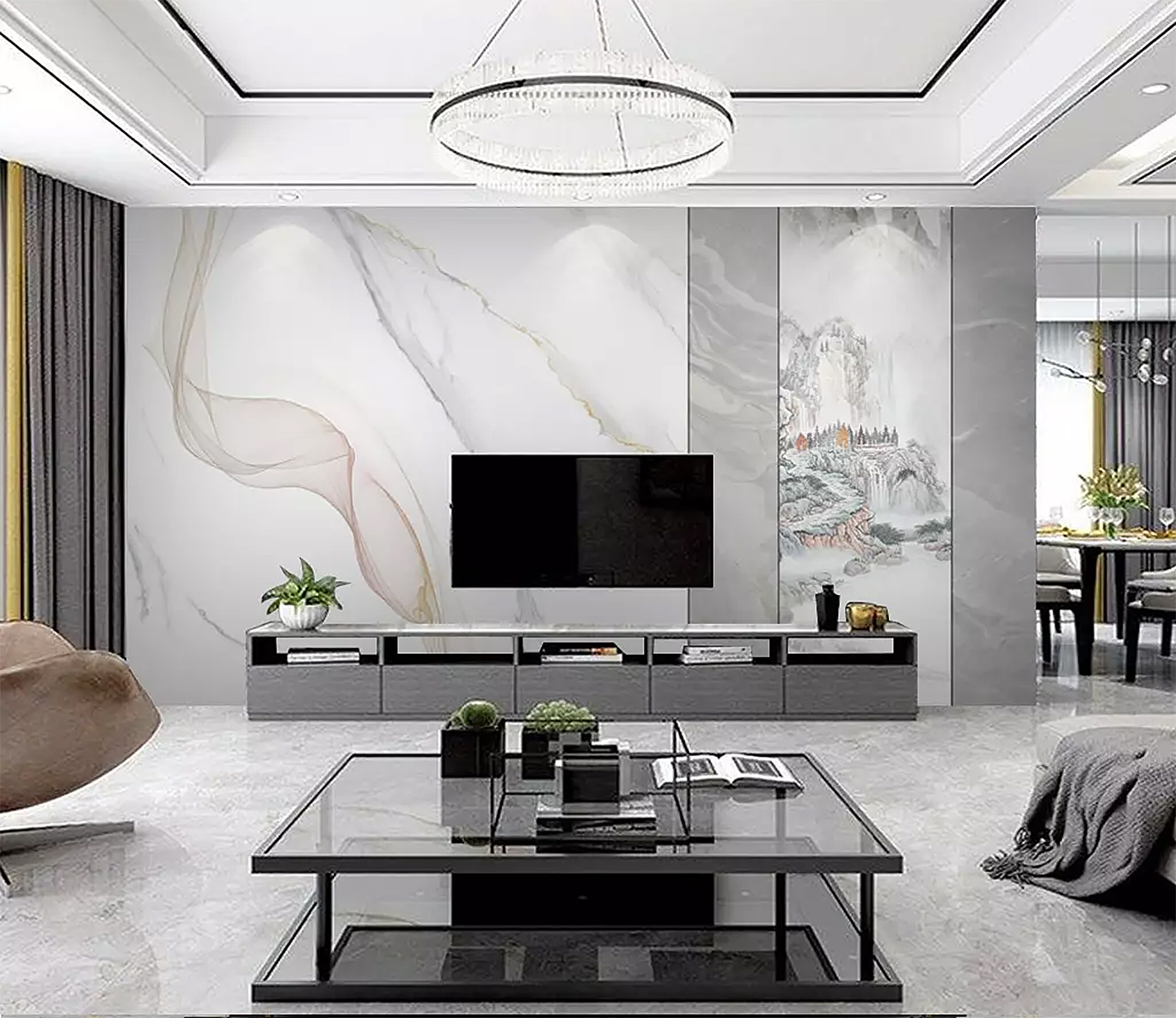 新中式风格瓷砖石材艺术背景墙,大理石瓷砖背景墙效果图