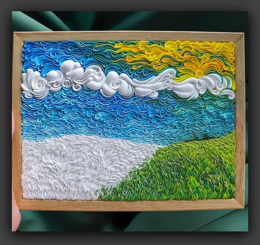 轻粘土手工风景画作品,超轻粘土制作简单的风景画