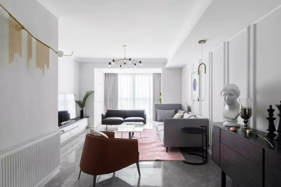 客厅大面积地砖深灰色铺贴效果图,客厅地砖简约铺贴图