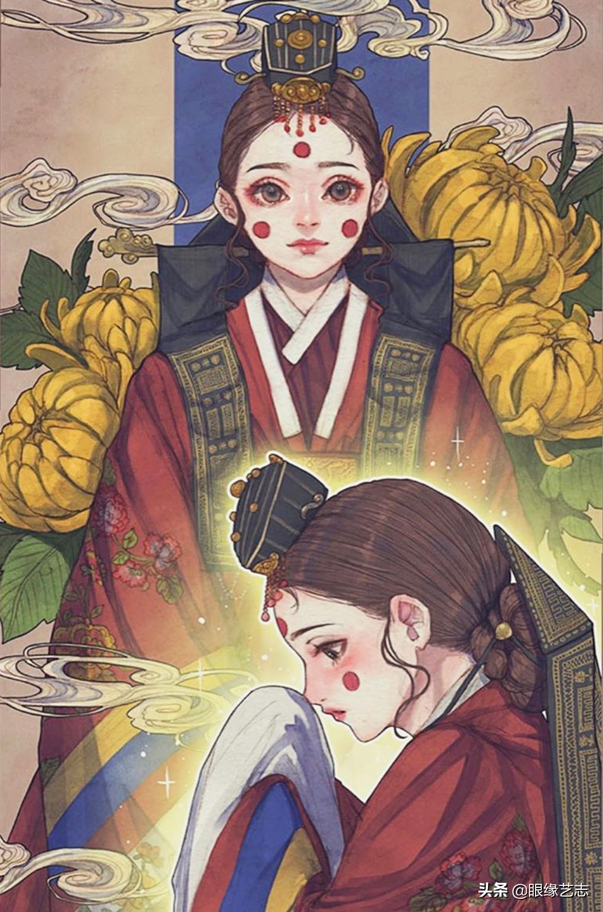 韩式穆夏风插画,韩国传统服饰插画