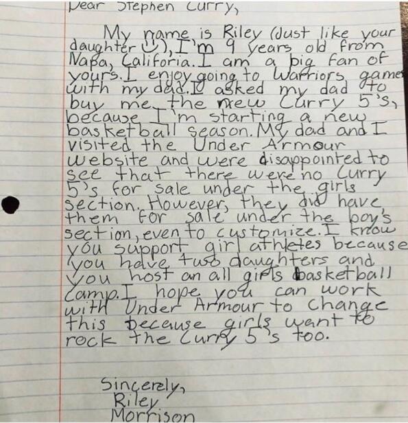 女孩写信问为何没女版童款C5，库里亲切回信：会解决的