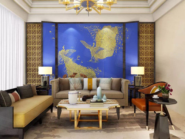 如鱼得水背景墙效果图加钛金条,如鱼得水哑光背景墙