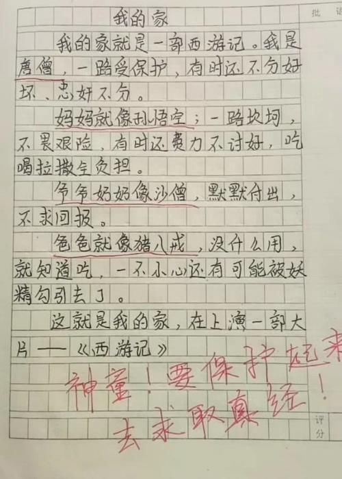 小学生作文太逗，把家比作一部西游记，网友笑疼肚子