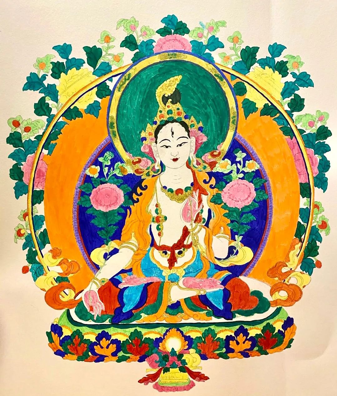 黑金白度母手绘唐卡,手绘白度母唐卡