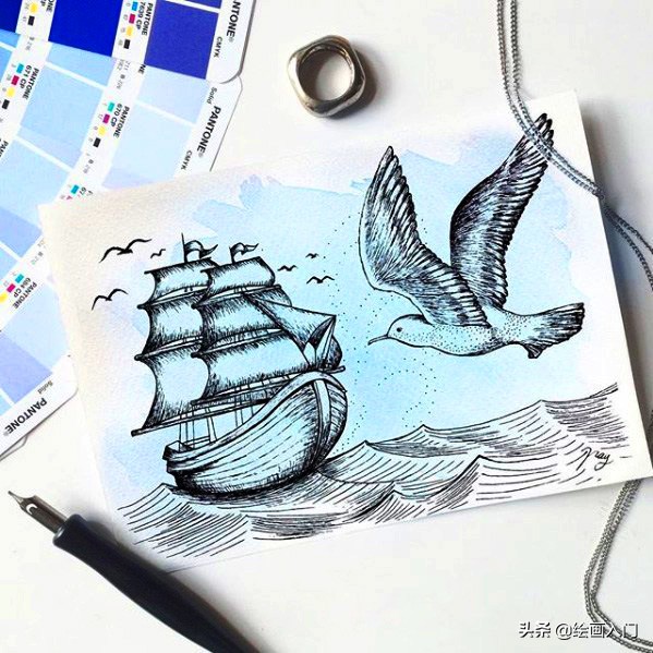 夏日海洋水彩画,夏日水彩颜料画简单风景画