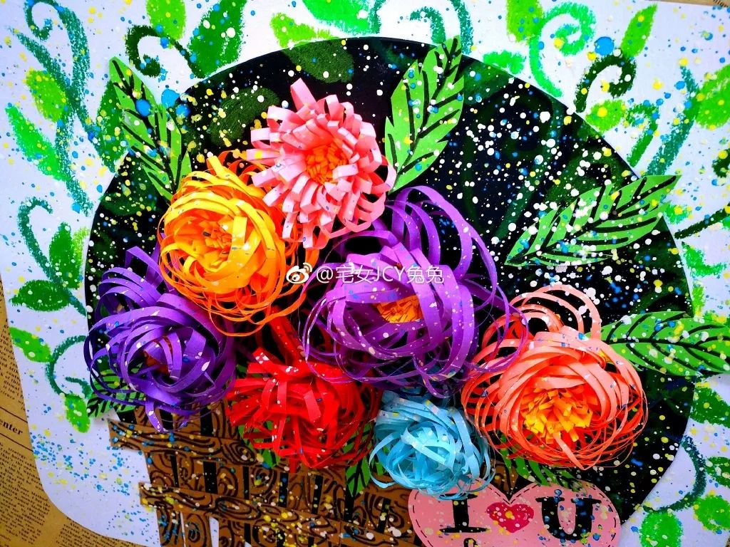 儿童绘画花束创意画,感恩节手工作品花束模版片头片尾