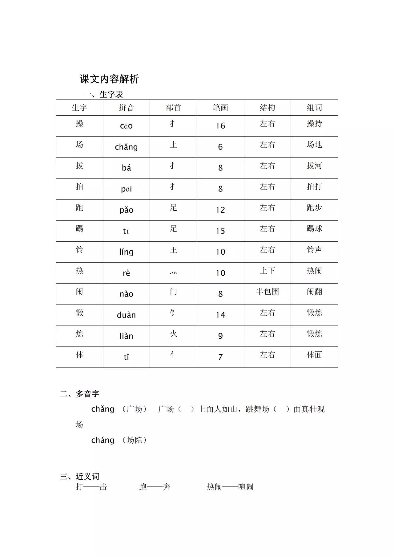 一语下全册生字（音序、部首、笔画、组词）+近反义词+词语解释
