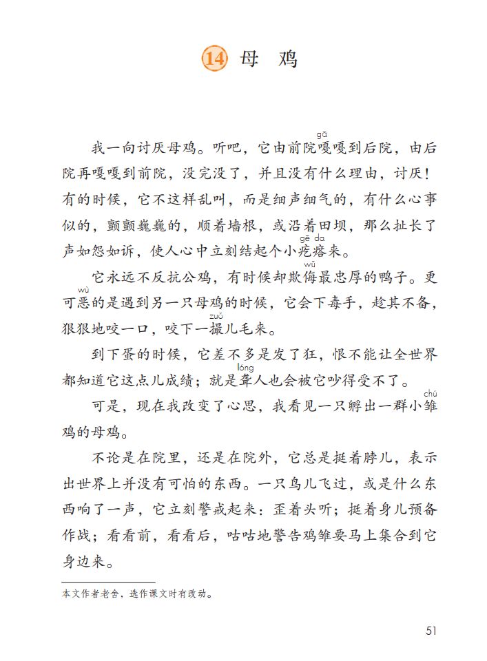 部编版四年级下册15课白鹅解析,部编版四下语文第13课母鸡预习