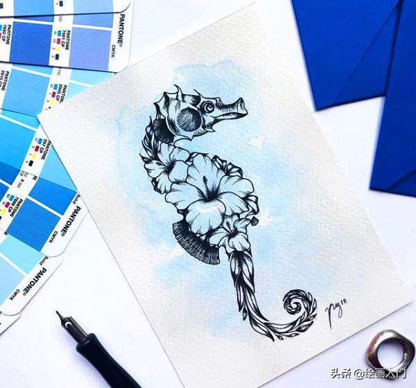 夏日海洋水彩画,夏日水彩颜料画简单风景画