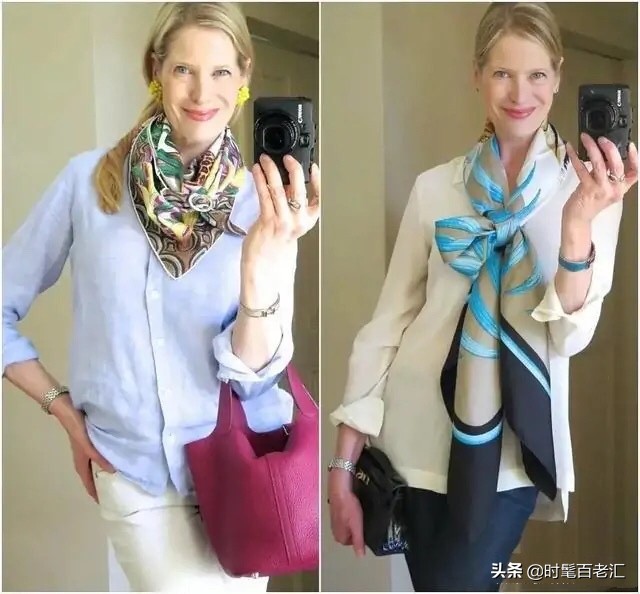 大妈丝巾多种穿法,老年人系丝巾最时尚好看